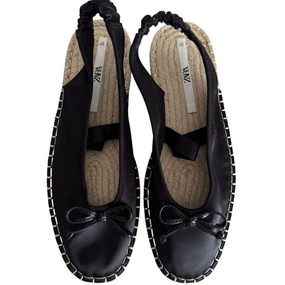 Zara Balletcore Bow Espadrilles Flats Black Size 37 - Picture 5 of 9